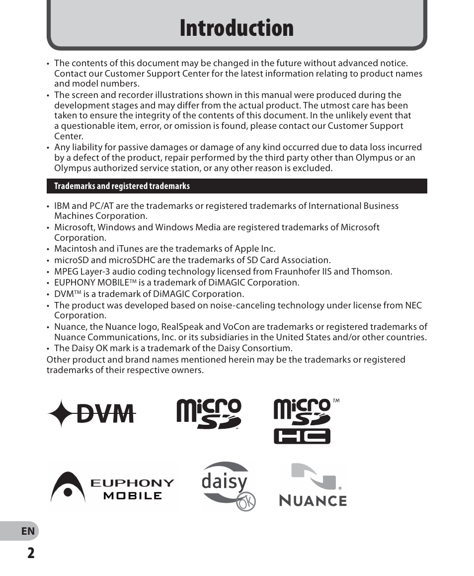 Introduction | Olympus DM-2 User Manual | Page 2 / 187