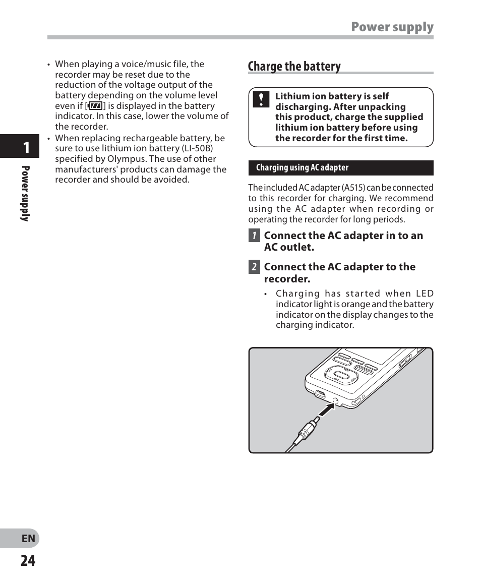 Charge the battery, Power supply charge the battery | Olympus DM-2 User Manual | Page 24 / 187
