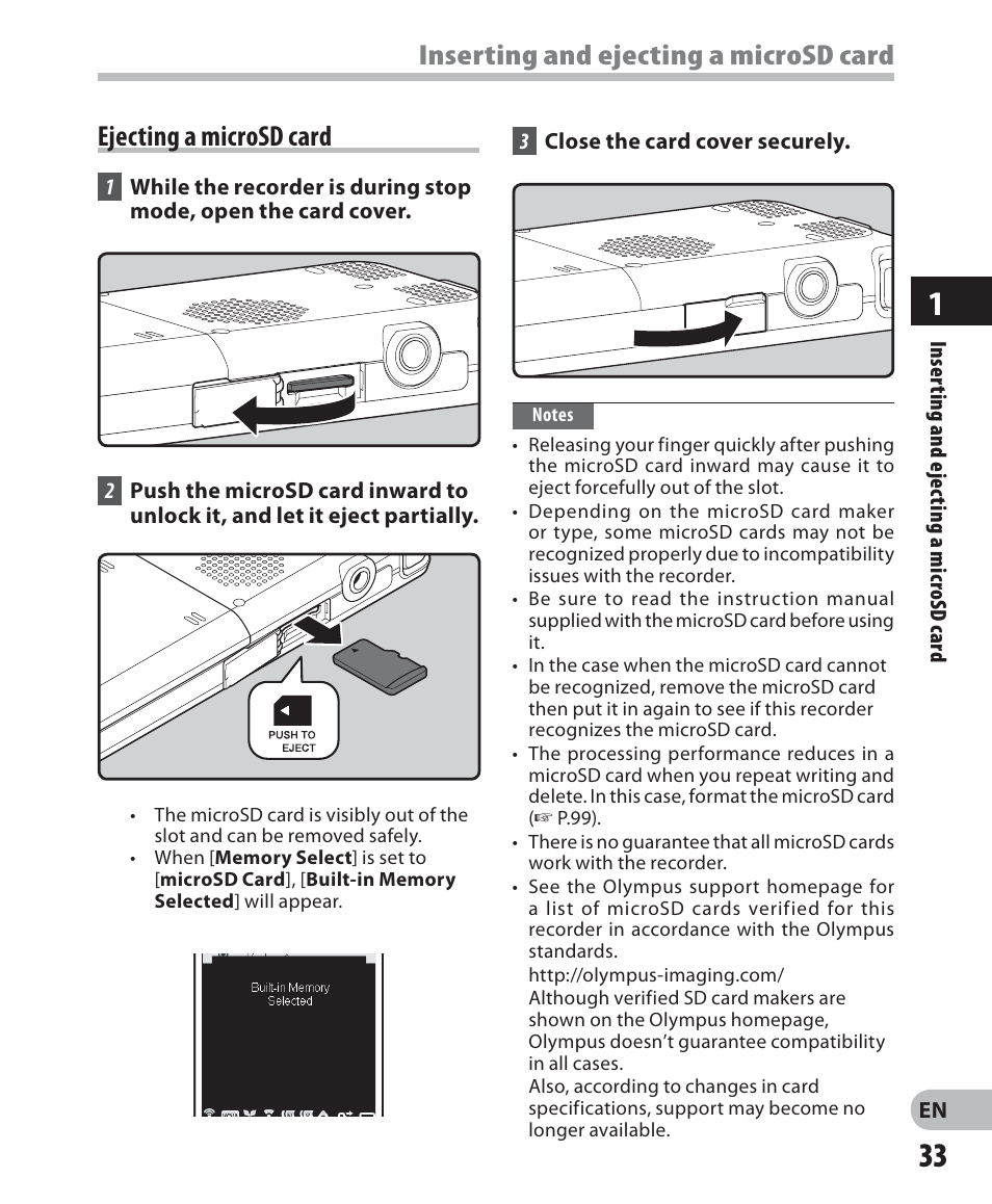 Ejecting a microsd card, Inserting and ejecting a microsd card | Olympus DM-2 User Manual | Page 33 / 187