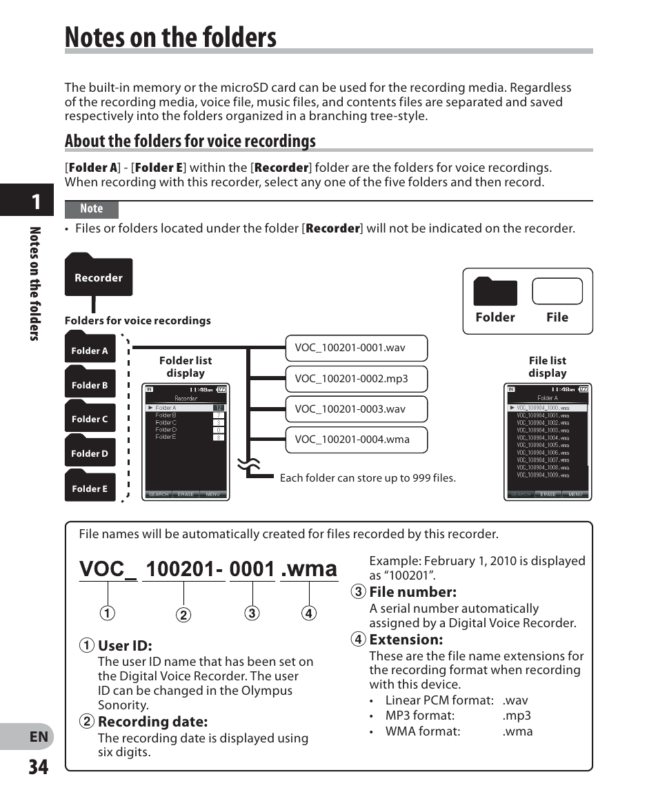 Notes on the folders, About the folders for voice recordings | Olympus DM-2 User Manual | Page 34 / 187