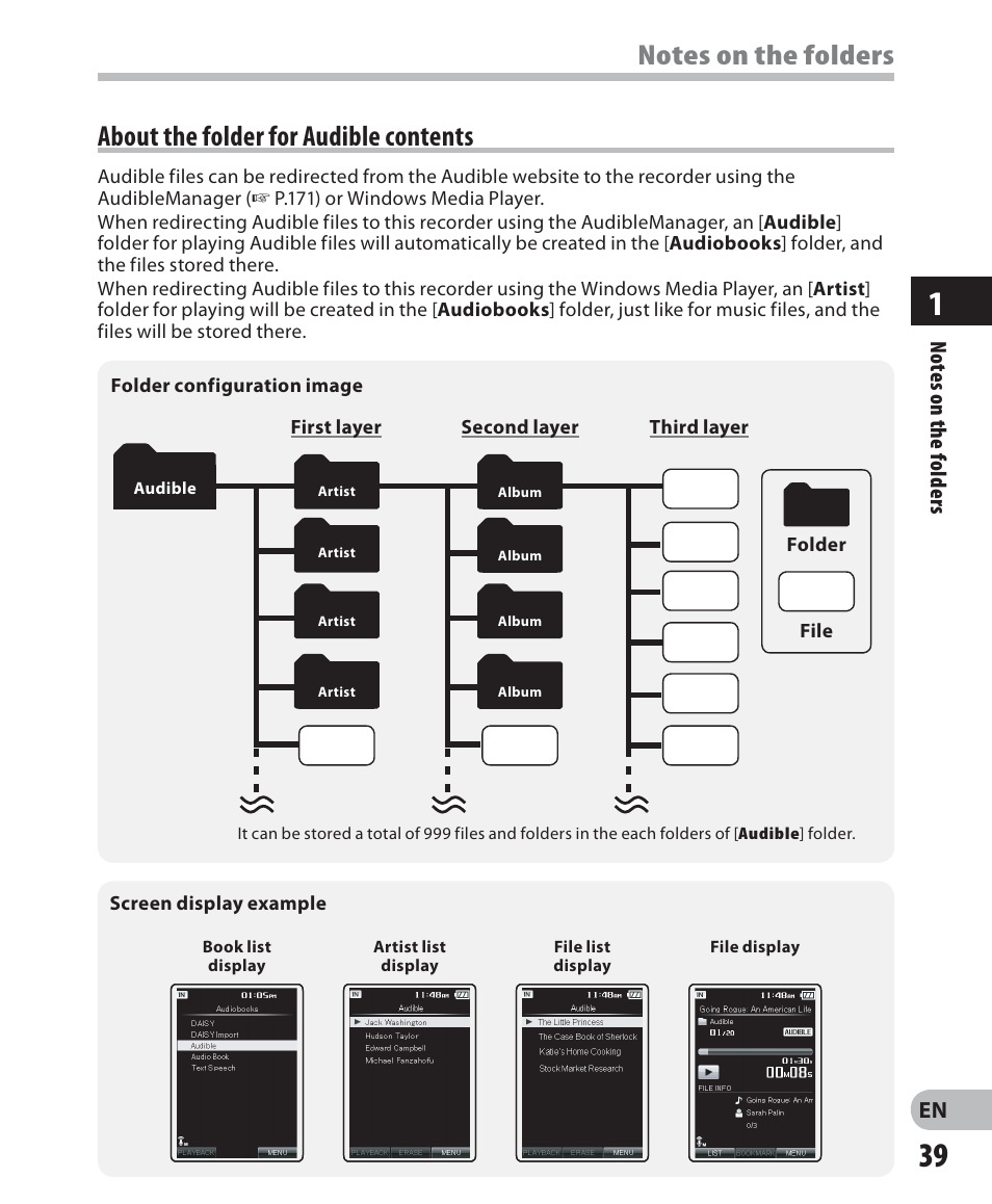 About the folder for audible contents | Olympus DM-2 User Manual | Page 39 / 187