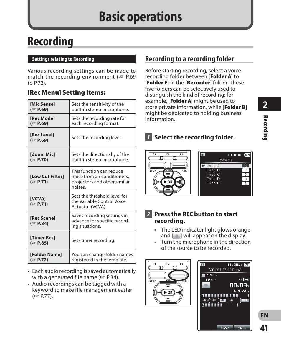 2 basic operations, Recording, Recording to a recording folder | Basic operations | Olympus DM-2 User Manual | Page 41 / 187
