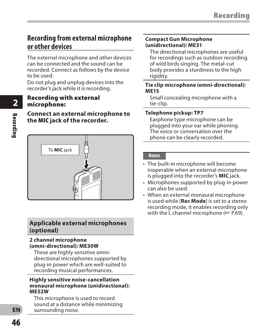 Recording from external microphoneor other devices, Recording | Olympus DM-2 User Manual | Page 46 / 187