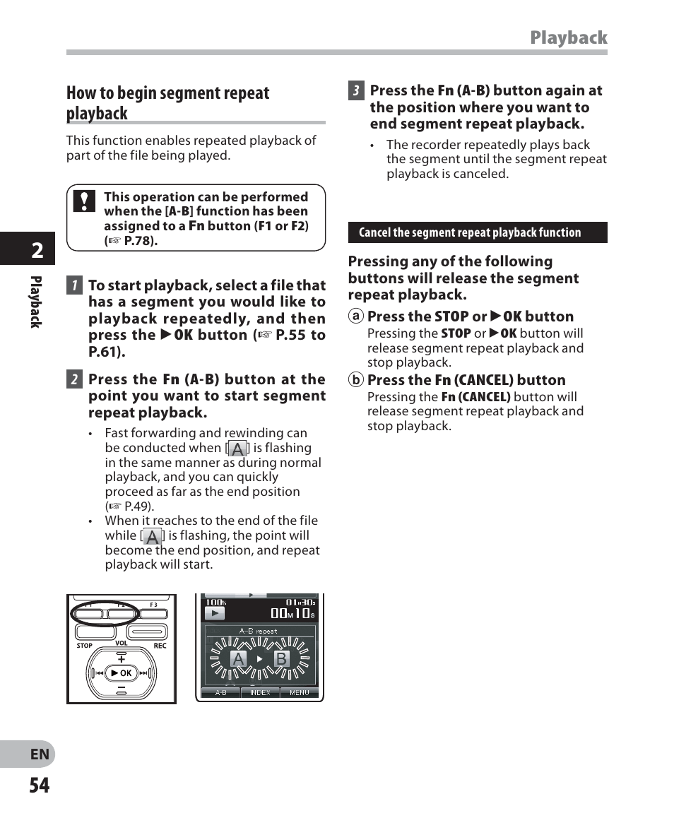 How to begin segment repeatplayback, Playback, How to begin segment repeat playback | Olympus DM-2 User Manual | Page 54 / 187