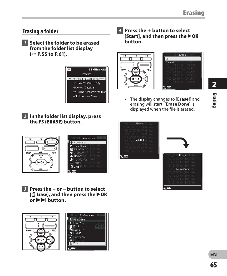 Erasing a folder, Erasing erasing a folder | Olympus DM-2 User Manual | Page 65 / 187