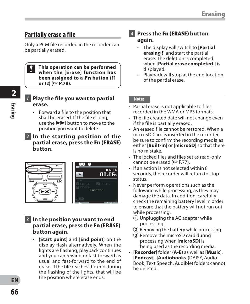 Partially erase a file, Erasing | Olympus DM-2 User Manual | Page 66 / 187