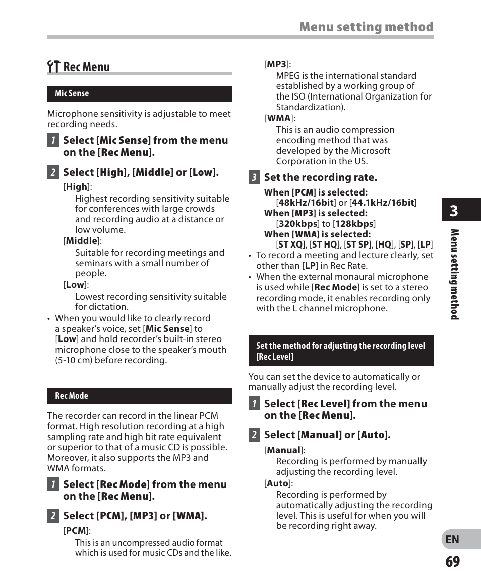 Rec menu, Menu setting method, G rec menu | Olympus DM-2 User Manual | Page 69 / 187