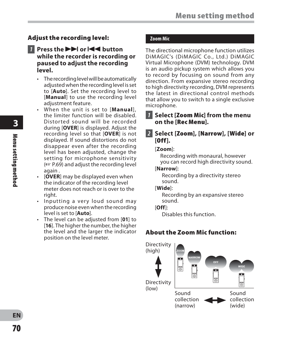 Menu setting method | Olympus DM-2 User Manual | Page 70 / 187