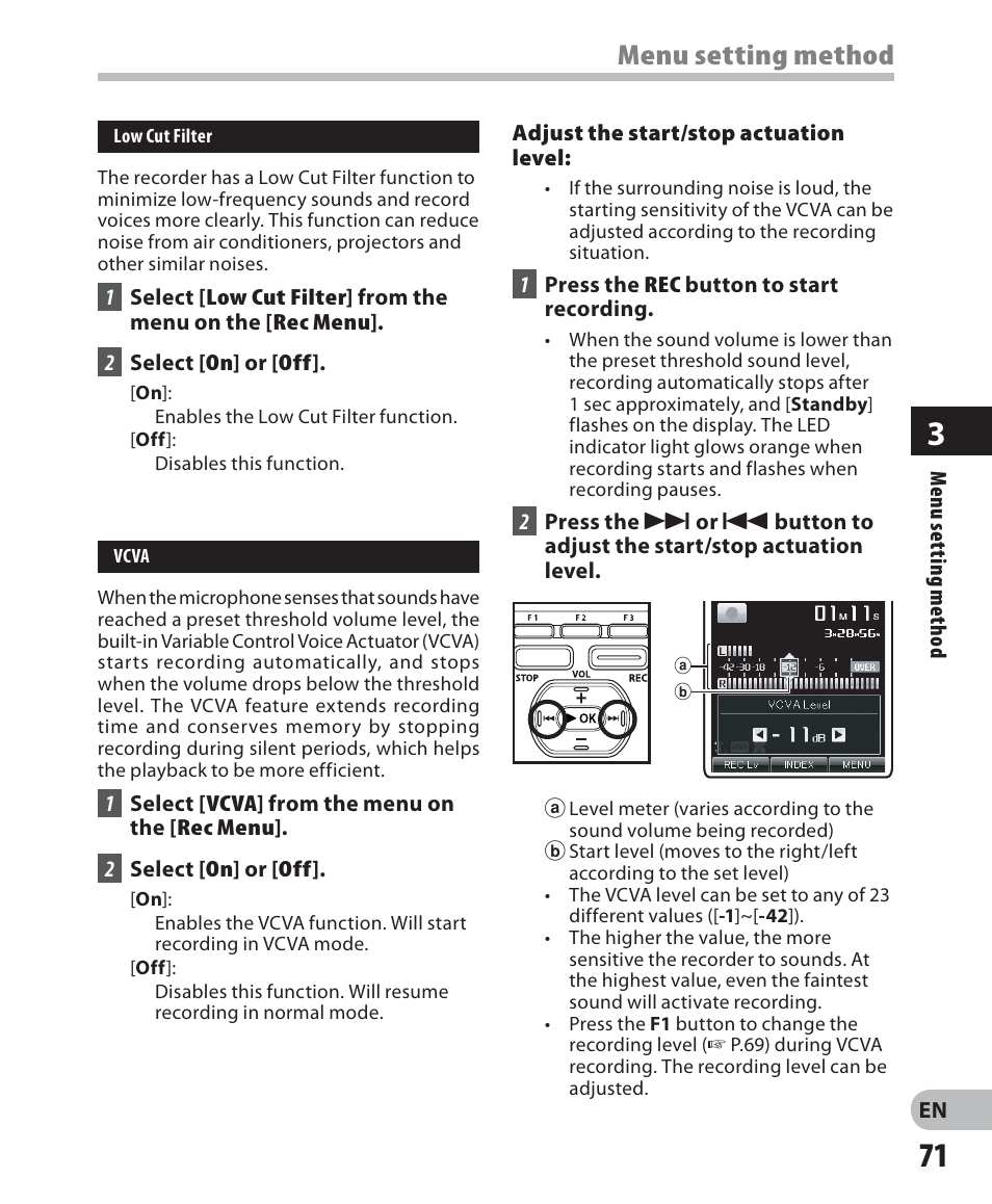 Menu setting method | Olympus DM-2 User Manual | Page 71 / 187
