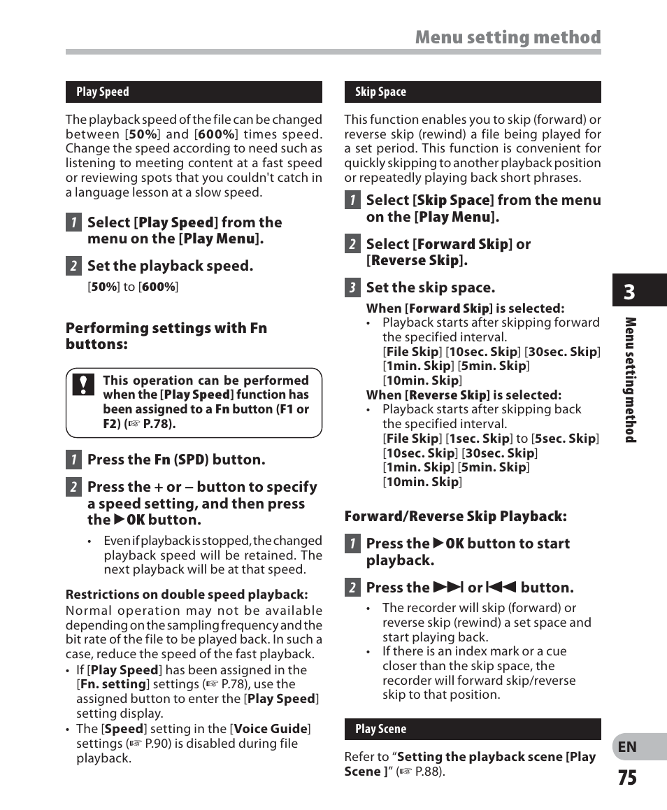 Menu setting method | Olympus DM-2 User Manual | Page 75 / 187