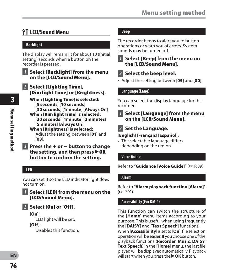 Lcd/sound menu, Menu setting method g lcd/sound menu | Olympus DM-2 User Manual | Page 76 / 187