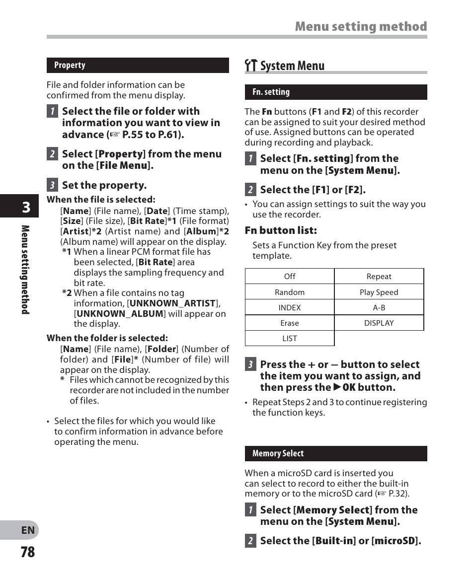 System menu, Menu setting method g system menu | Olympus DM-2 User Manual | Page 78 / 187