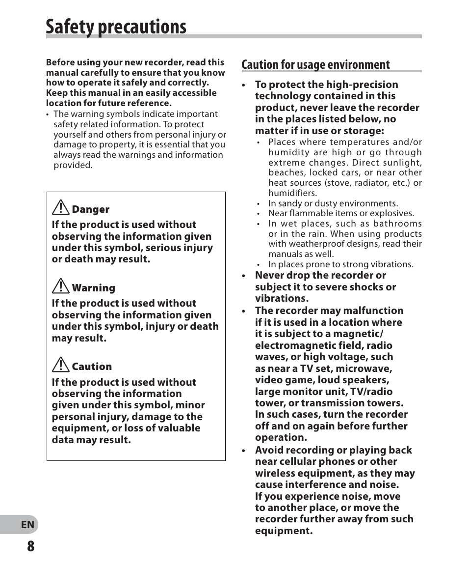 Safety precautions, Caution for usage environment | Olympus DM-2 User Manual | Page 8 / 187