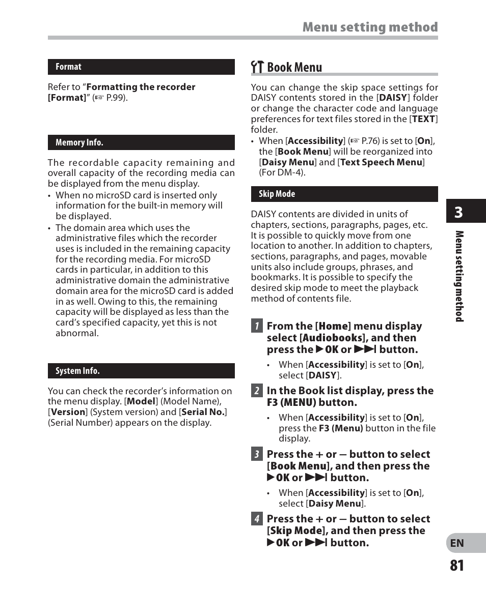 Book menu, Menu setting method, G book menu | Olympus DM-2 User Manual | Page 81 / 187
