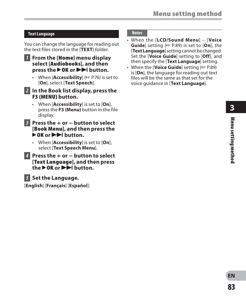 Menu setting method | Olympus DM-2 User Manual | Page 83 / 187