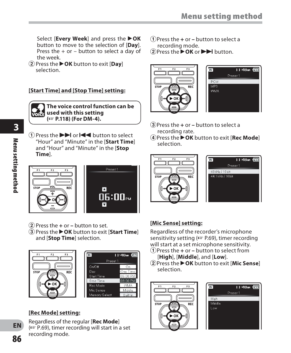 Menu setting method | Olympus DM-2 User Manual | Page 86 / 187
