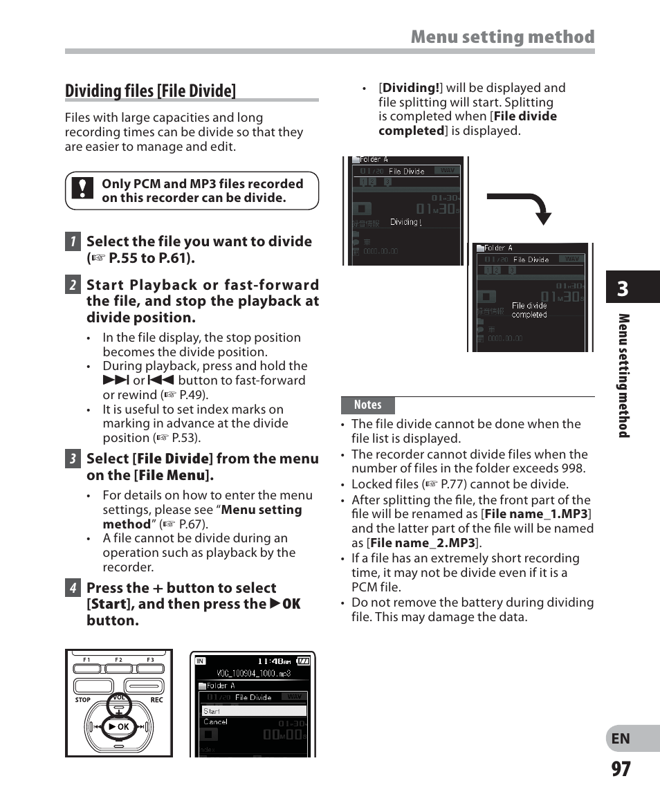 Dividing files [file divide, Menu setting method | Olympus DM-2 User Manual | Page 97 / 187