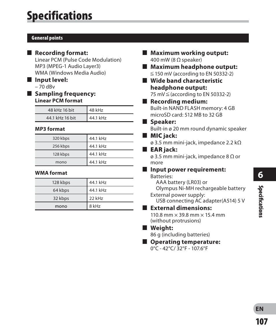 Specifications | Olympus DM 620 User Manual | Page 107 / 113