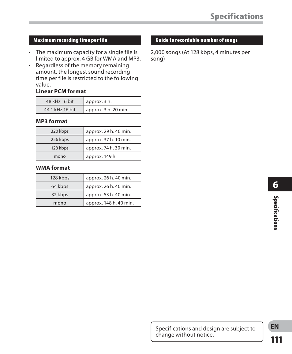 Specifications | Olympus DM 620 User Manual | Page 111 / 113