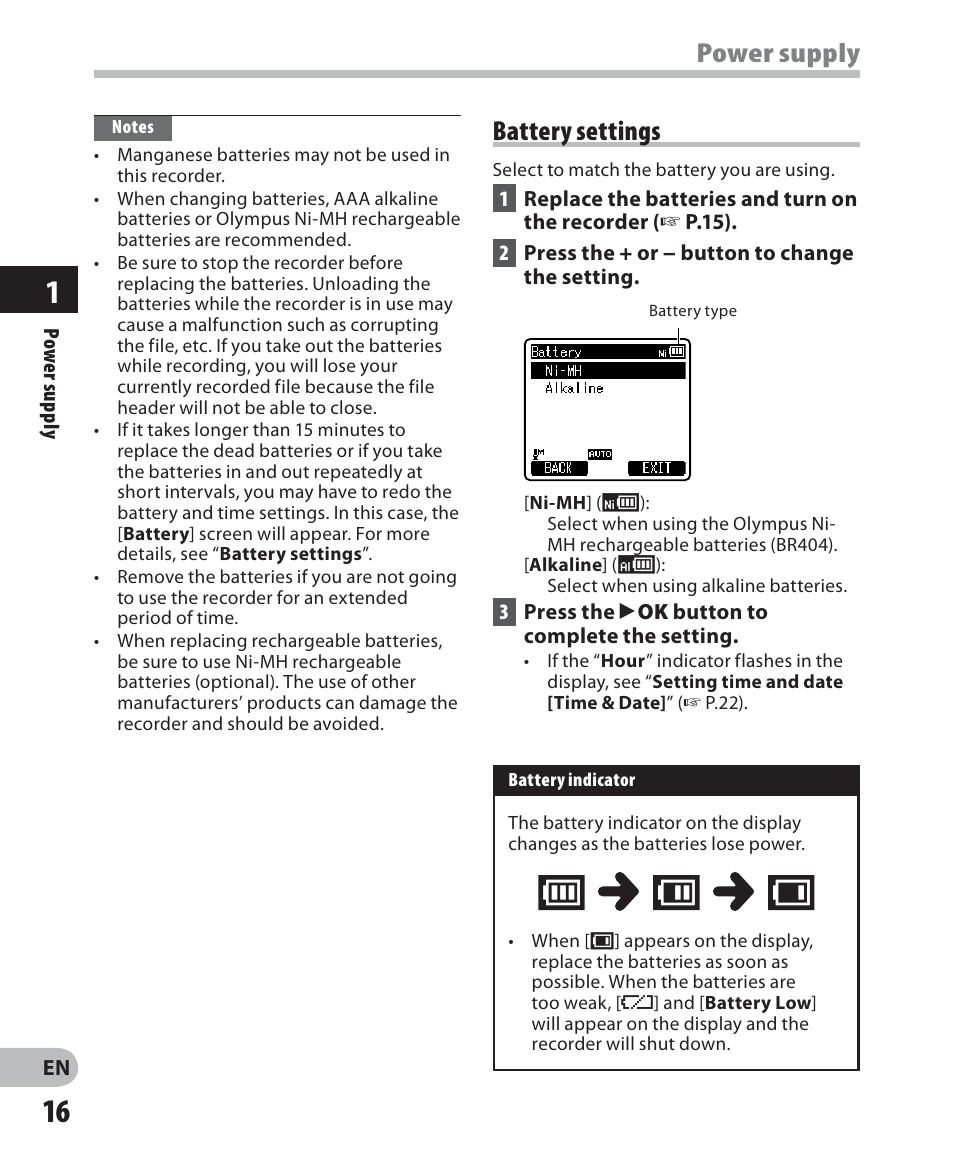 Power supply, Battery settings | Olympus DM 620 User Manual | Page 16 / 113