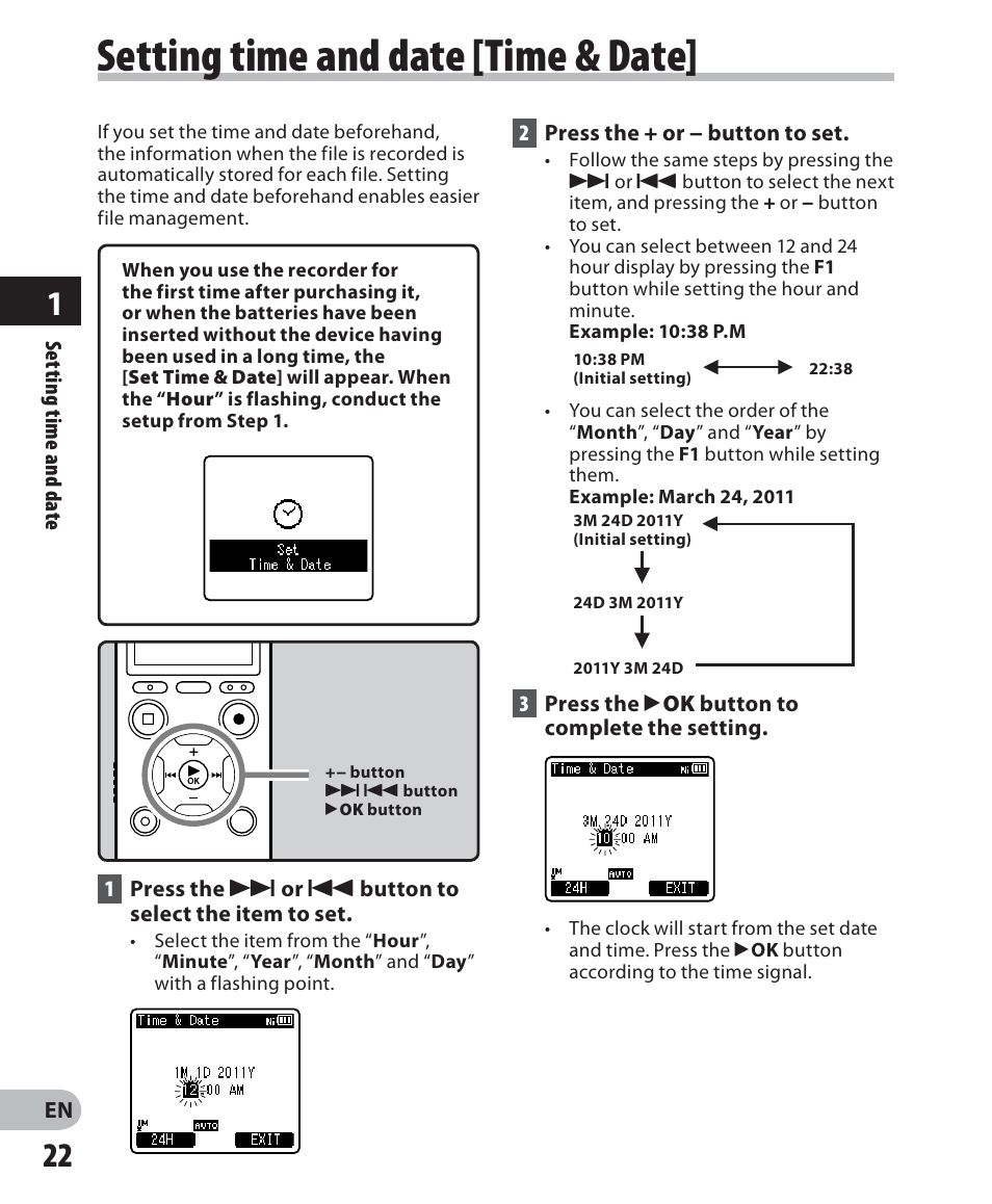 Setting time and date [time & date | Olympus DM 620 User Manual | Page 22 / 113