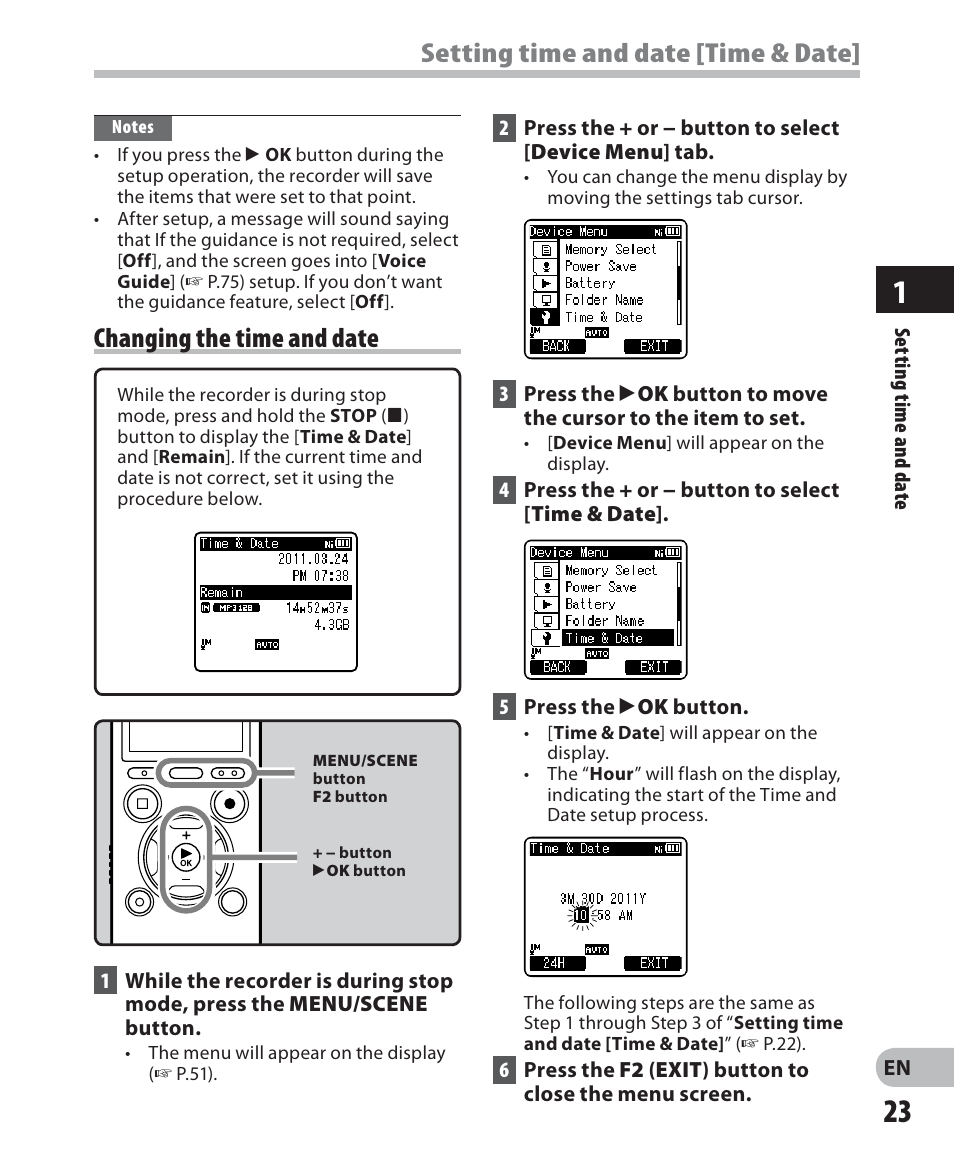 Setting time and date [time & date, Changing the time and date | Olympus DM 620 User Manual | Page 23 / 113