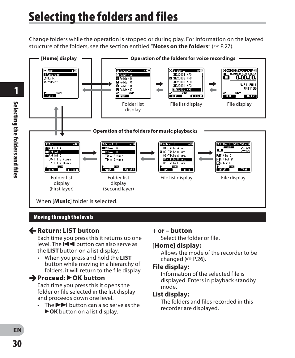 Selecting the folders and files | Olympus DM 620 User Manual | Page 30 / 113