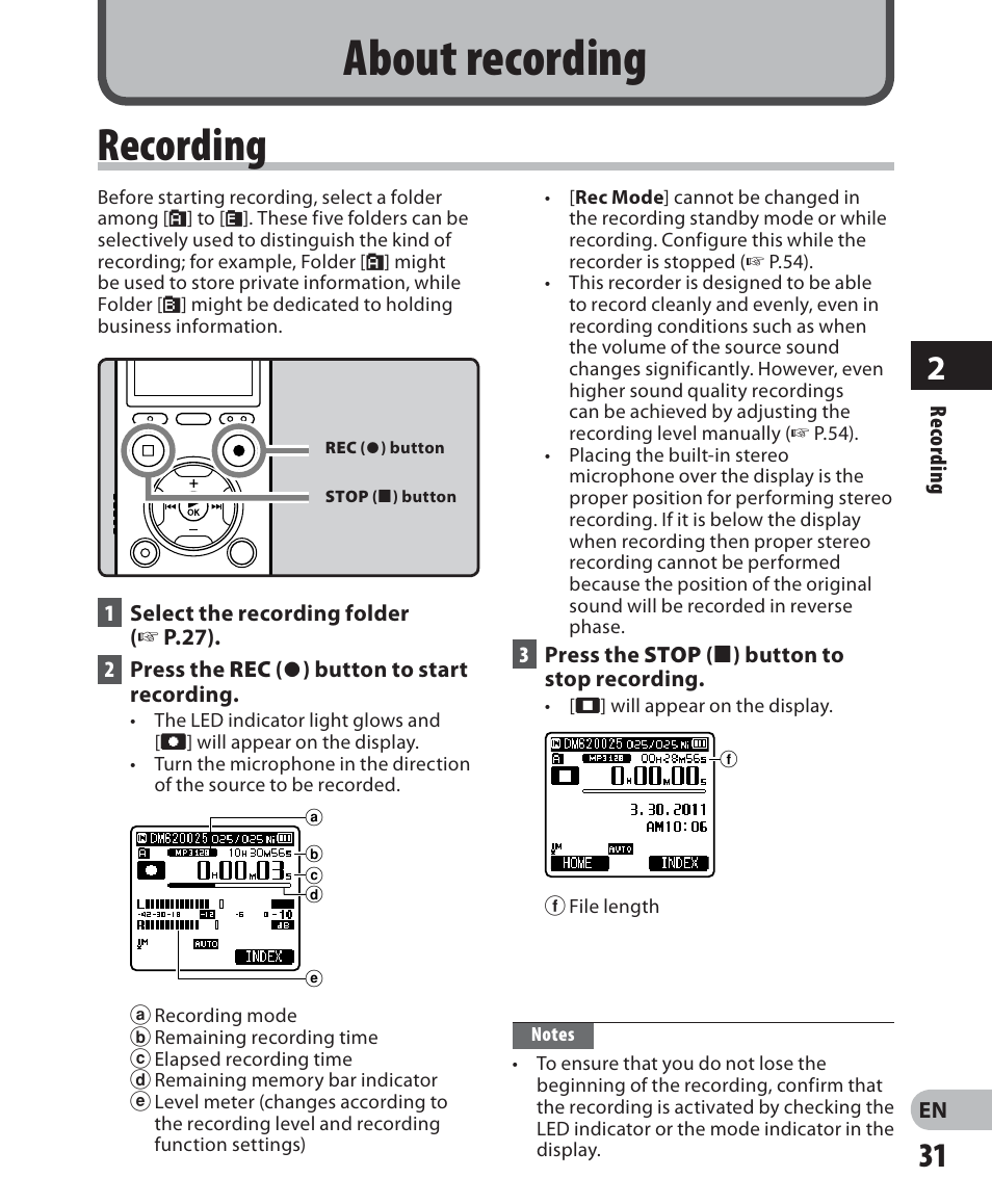 About recording, Recording | Olympus DM 620 User Manual | Page 31 / 113