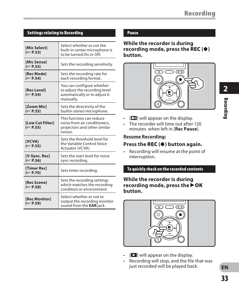 Recording | Olympus DM 620 User Manual | Page 33 / 113