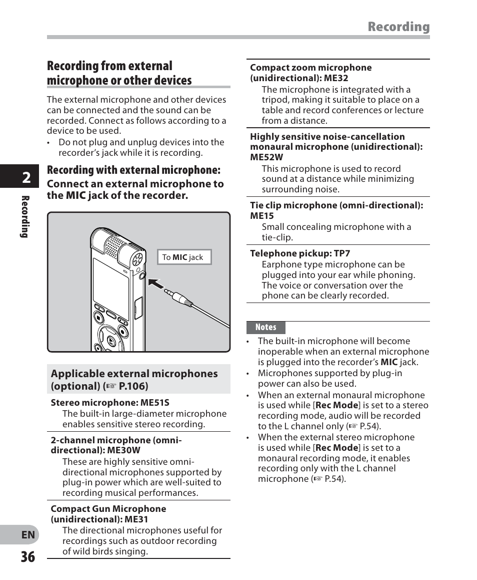 Recording | Olympus DM 620 User Manual | Page 36 / 113