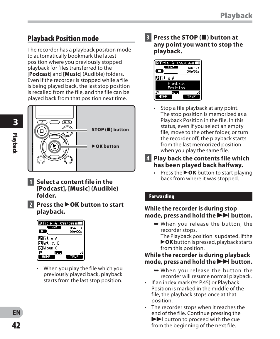 Playback, Playback position mode | Olympus DM 620 User Manual | Page 42 / 113