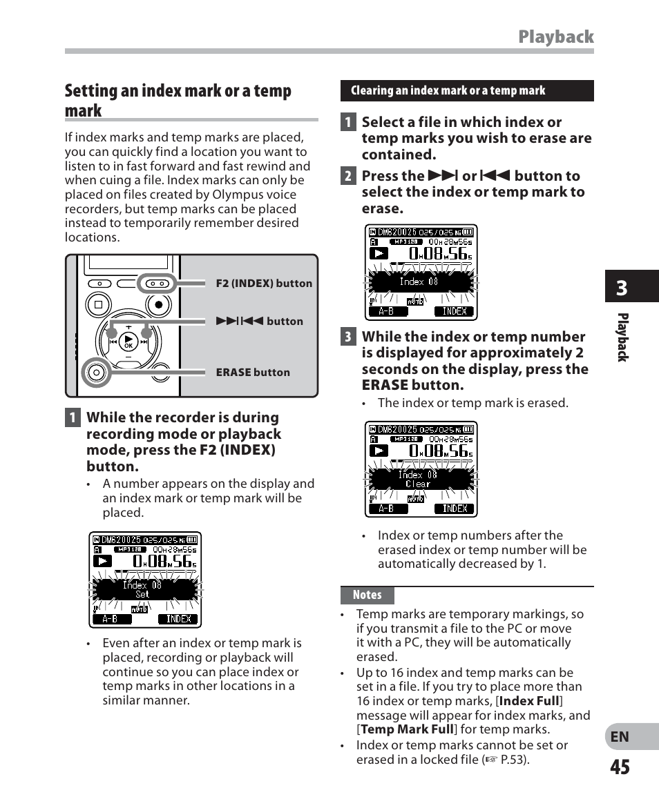 Playback, Setting an index mark or a temp mark | Olympus DM 620 User Manual | Page 45 / 113