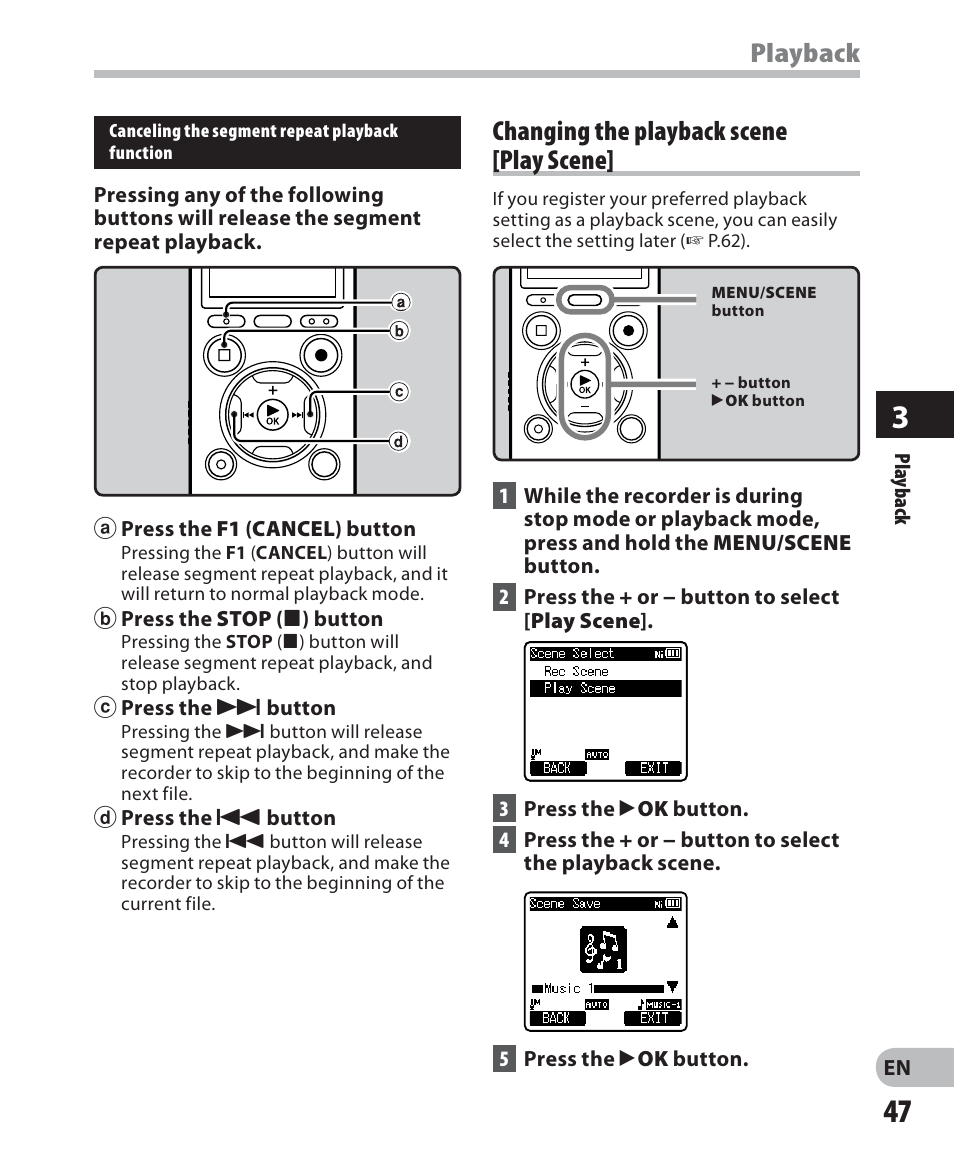 Playback, Changing the playback scene [play scene | Olympus DM 620 User Manual | Page 47 / 113