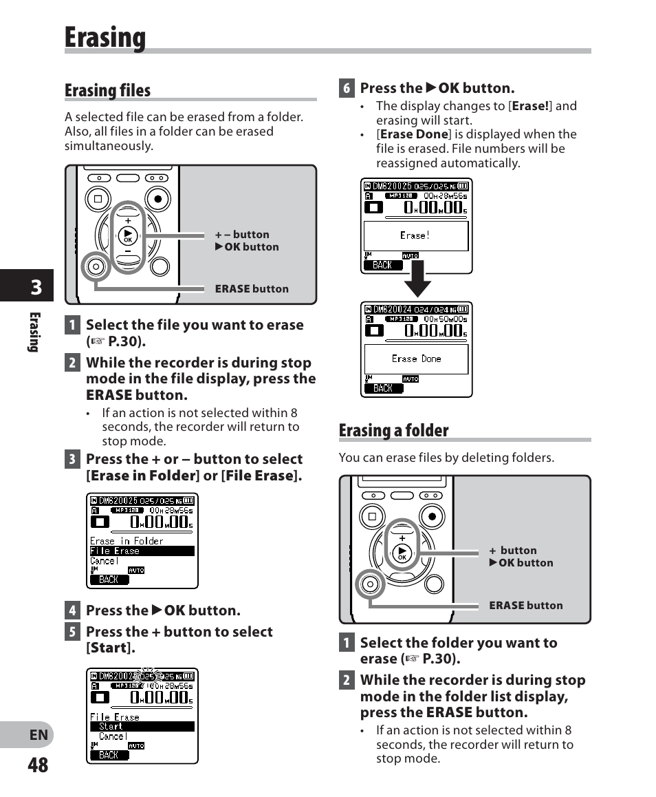 Erasing, Erasing files, Erasing a folder | Olympus DM 620 User Manual | Page 48 / 113