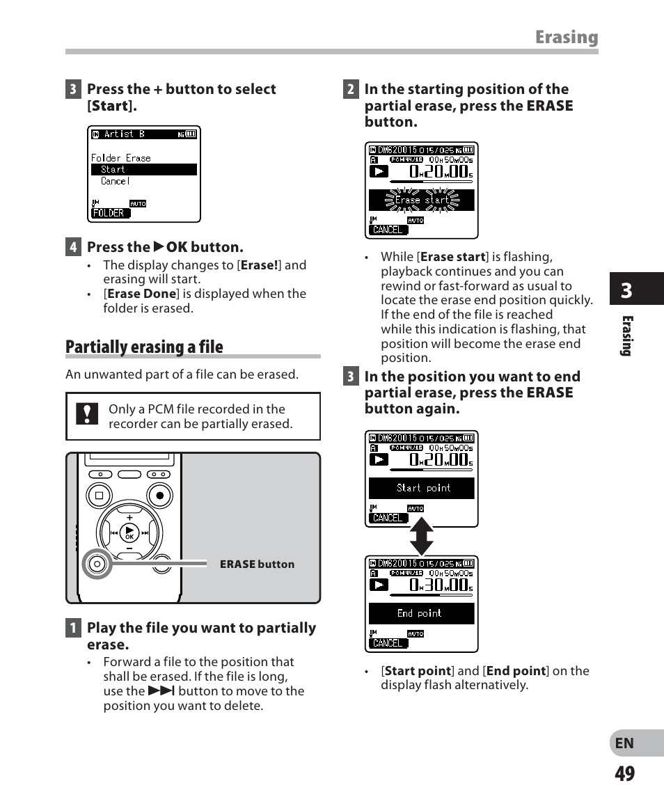 Erasing, Partially erasing a file | Olympus DM 620 User Manual | Page 49 / 113