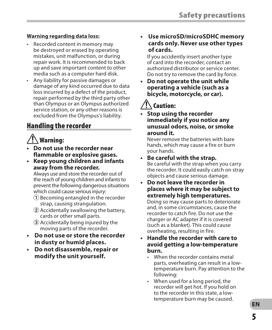 Safety precautions, Handling the recorder | Olympus DM 620 User Manual | Page 5 / 113