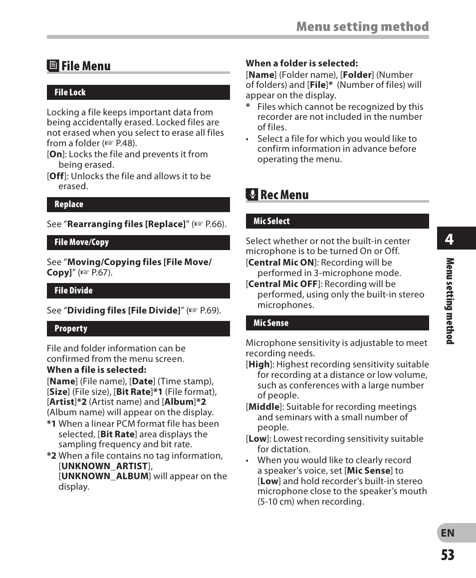 Menu setting method , rec menu, File menu | Olympus DM 620 User Manual | Page 53 / 113