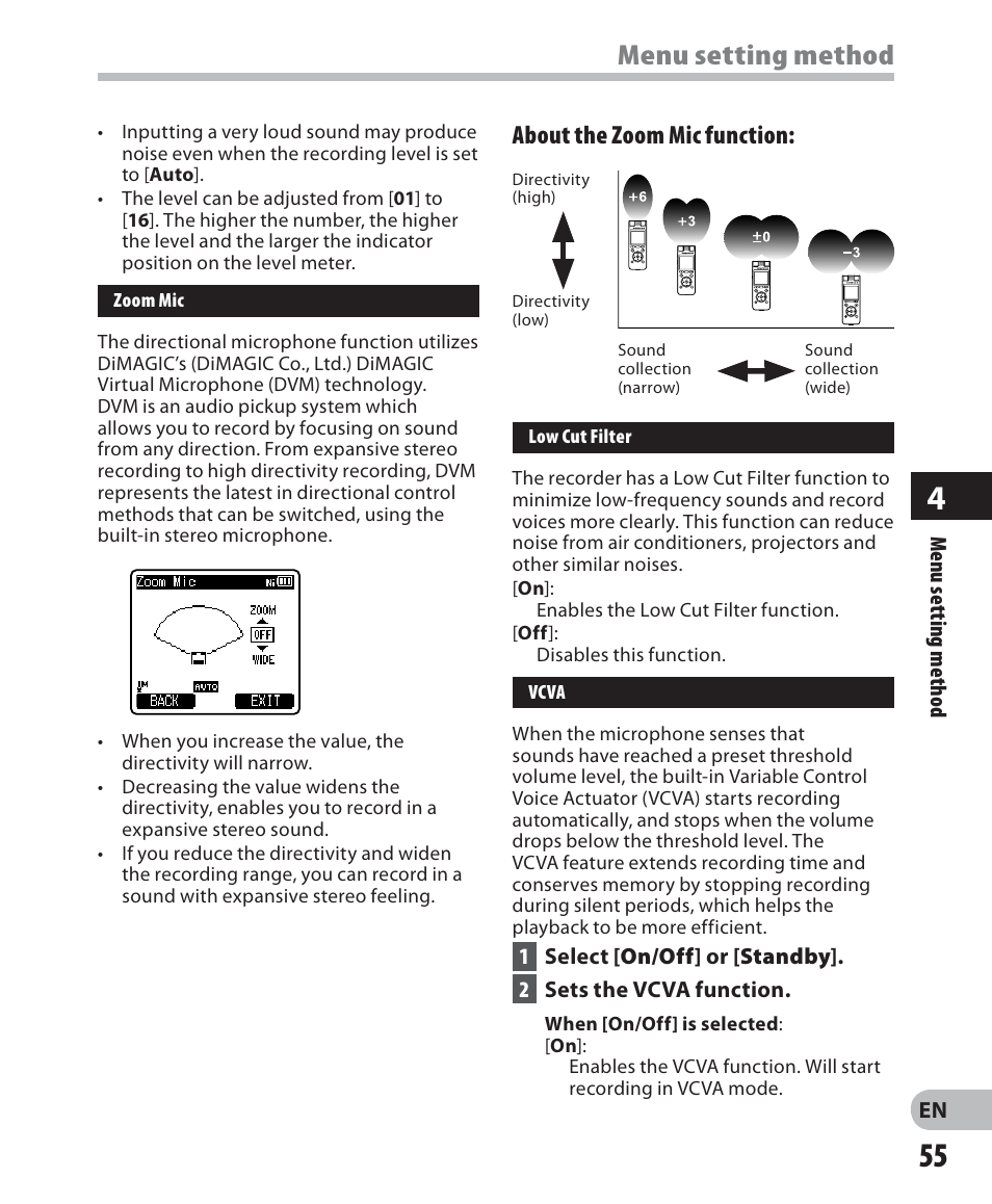 Menu setting method, About the zoom mic function | Olympus DM 620 User Manual | Page 55 / 113