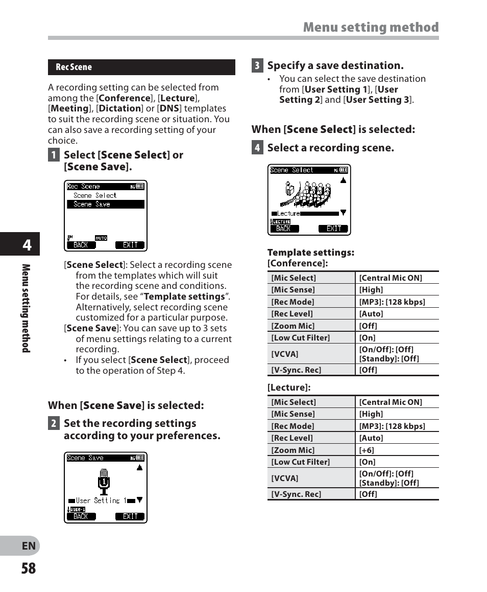 Menu setting method | Olympus DM 620 User Manual | Page 58 / 113