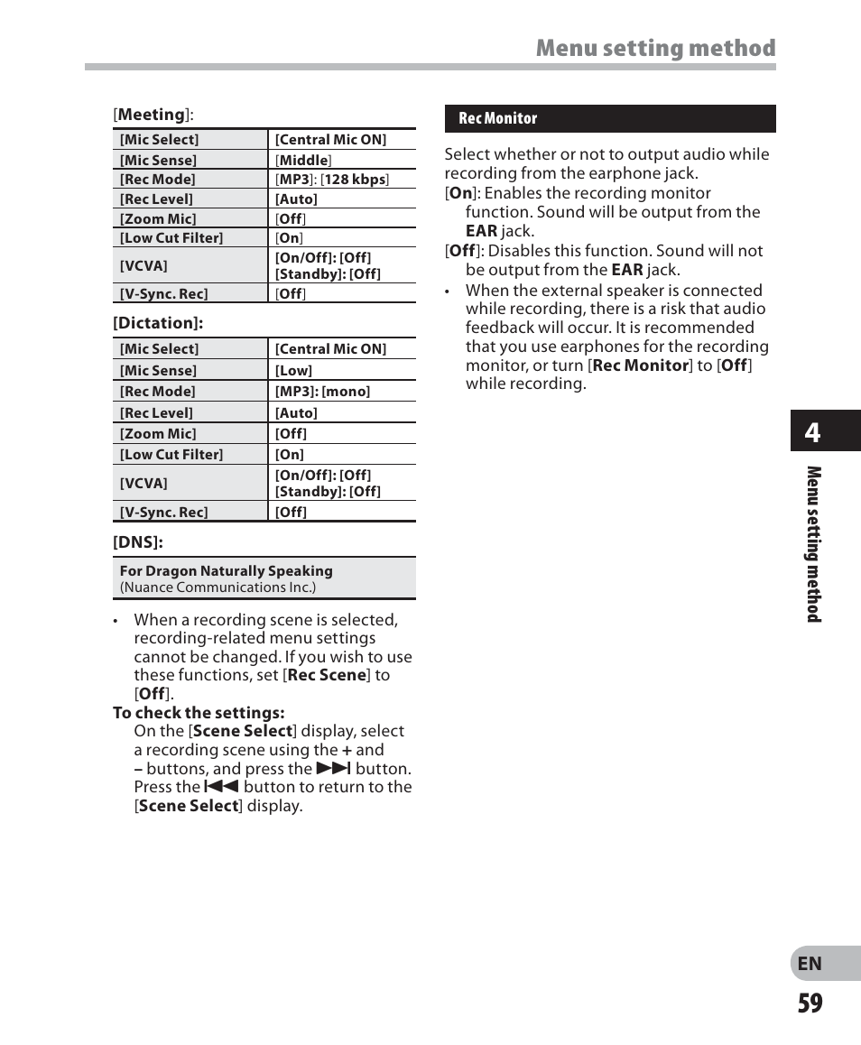 Menu setting method, En menu setting method | Olympus DM 620 User Manual | Page 59 / 113