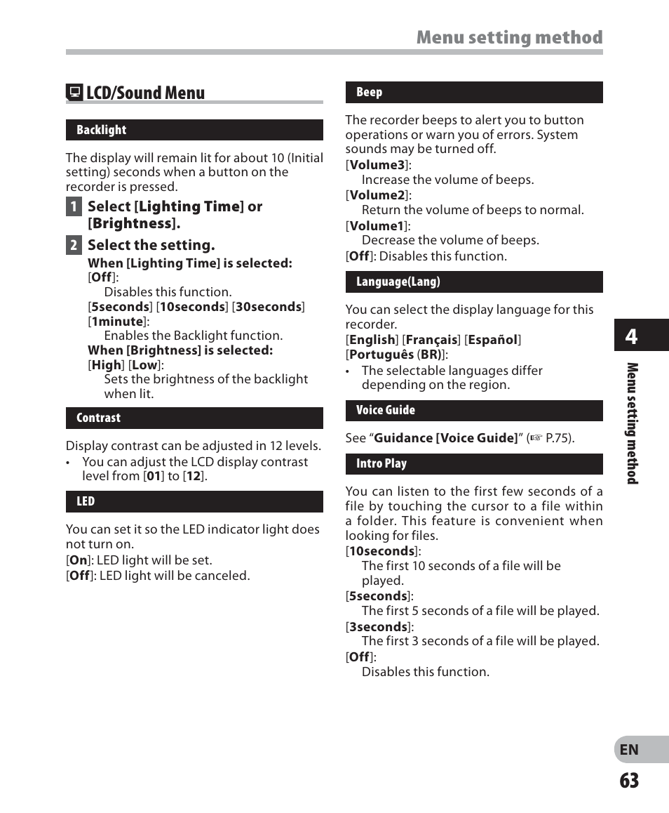 Menu setting method . lcd/sound menu | Olympus DM 620 User Manual | Page 63 / 113