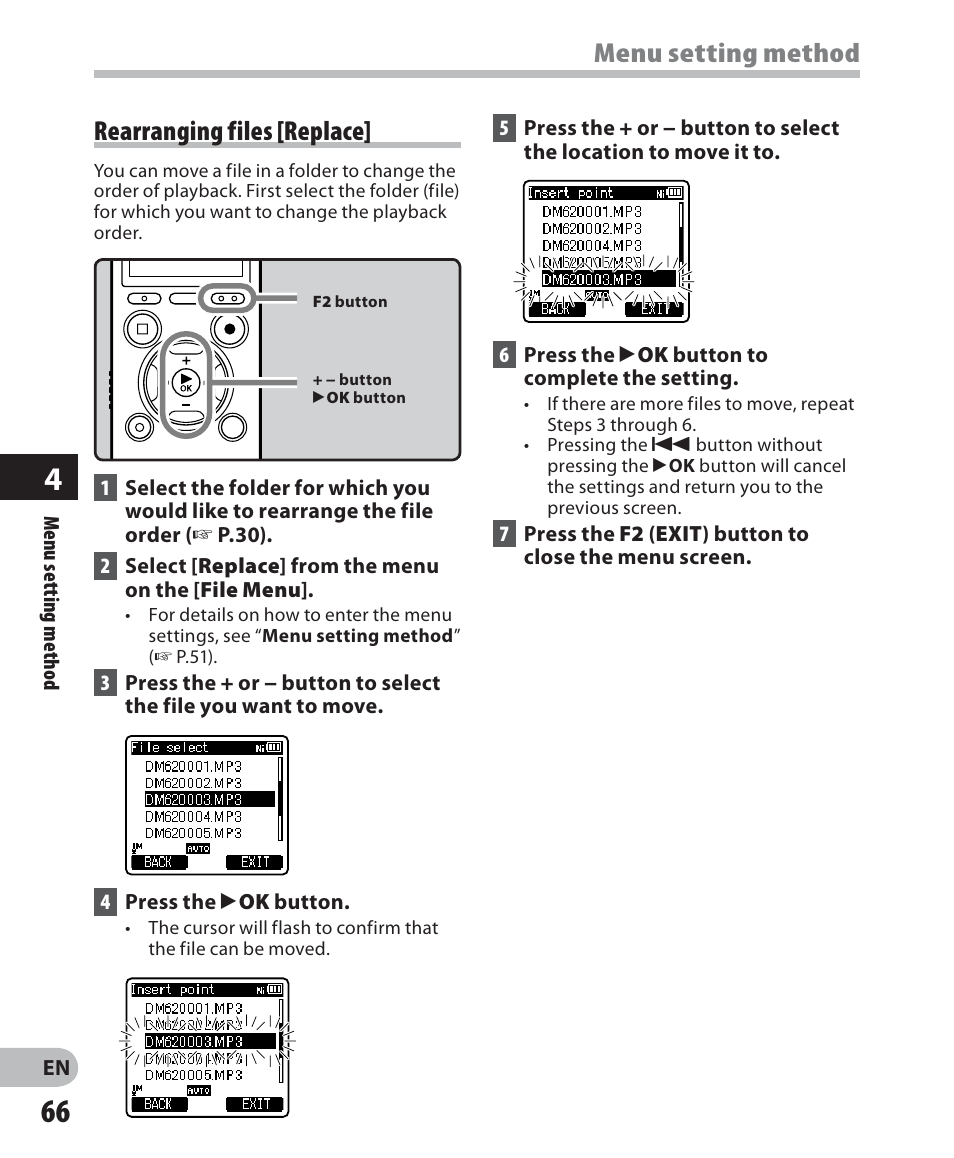 Menu setting method, Rearranging files [replace | Olympus DM 620 User Manual | Page 66 / 113