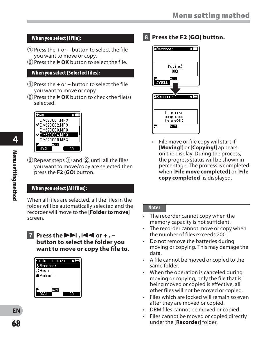 Menu setting method | Olympus DM 620 User Manual | Page 68 / 113