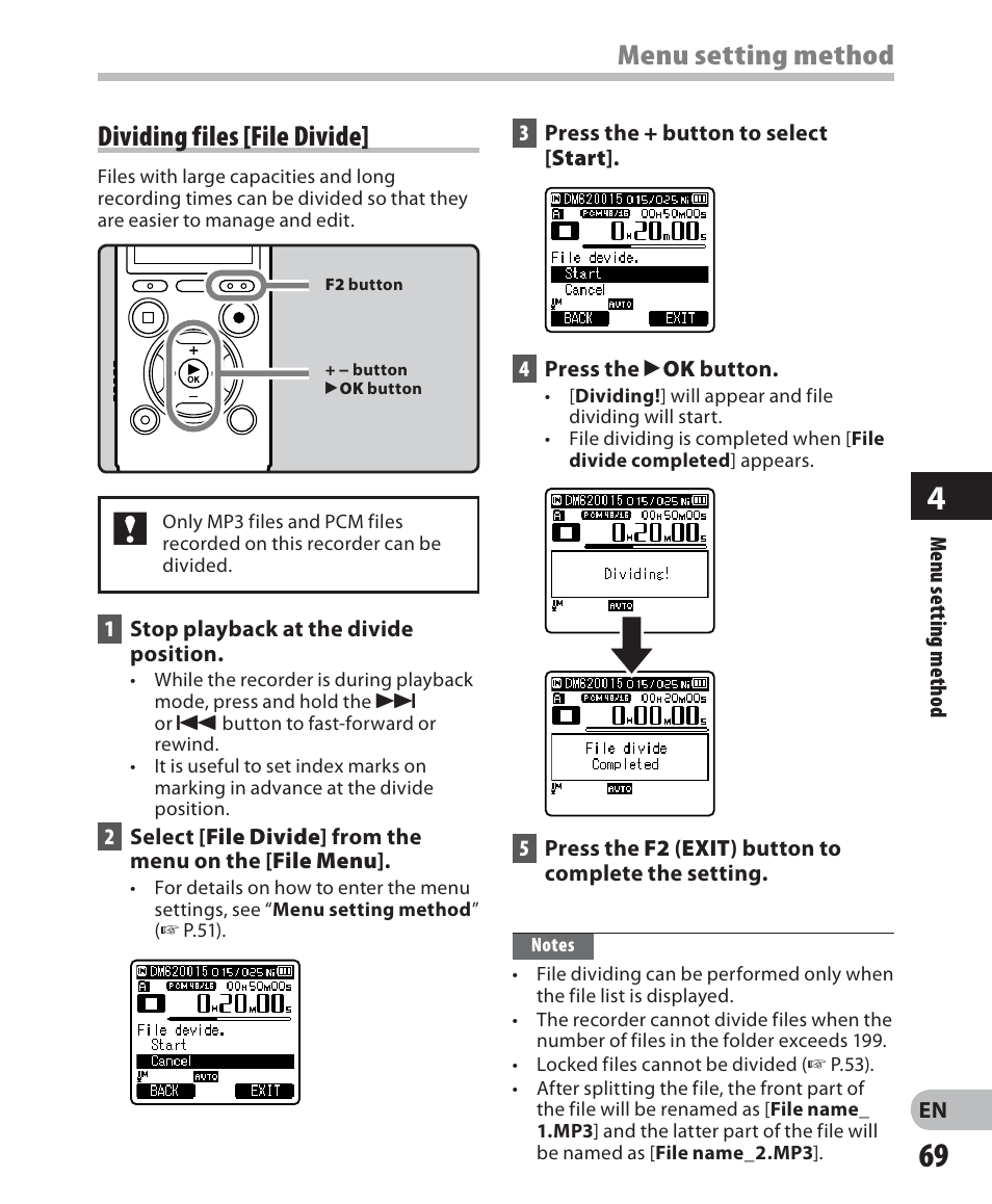 Menu setting method dividing files [file divide | Olympus DM 620 User Manual | Page 69 / 113