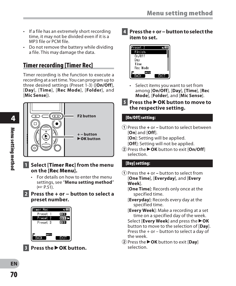 Menu setting method, Timer recording [timer rec | Olympus DM 620 User Manual | Page 70 / 113