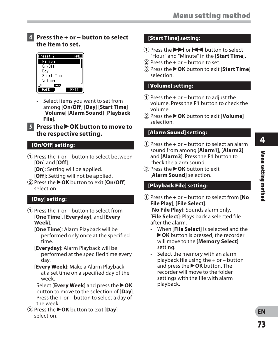 Menu setting method | Olympus DM 620 User Manual | Page 73 / 113