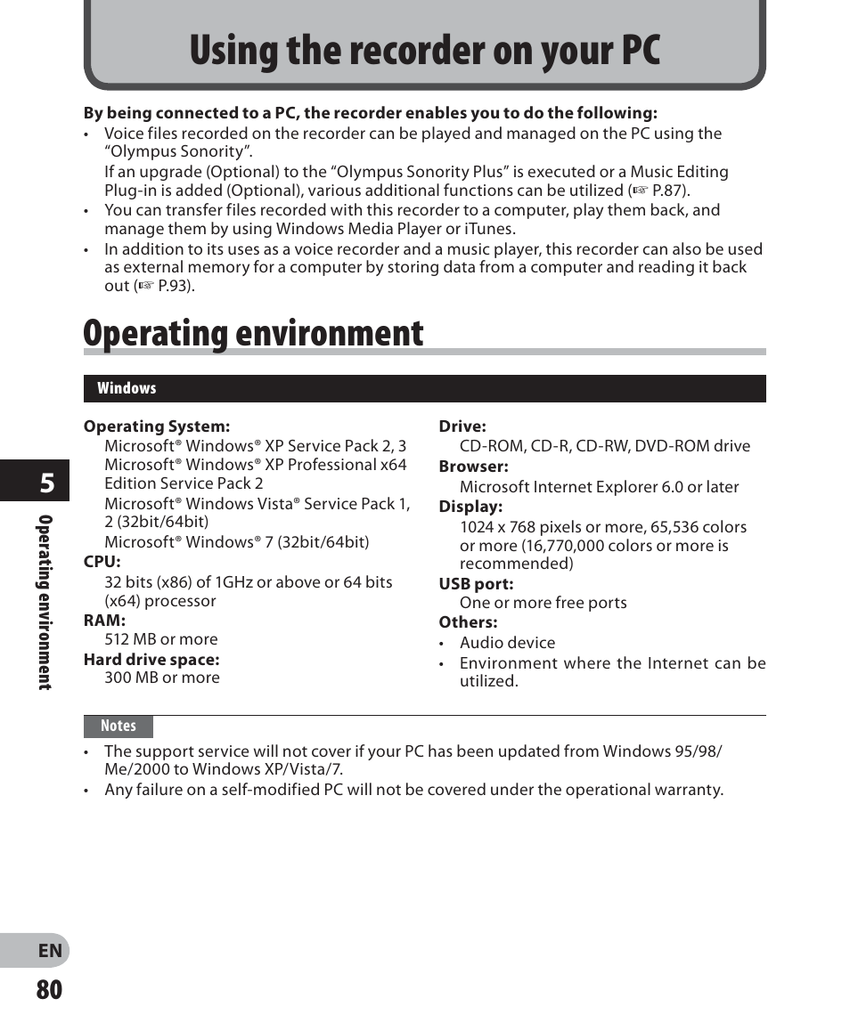 Using the recorder on your pc, Operating environment | Olympus DM 620 User Manual | Page 80 / 113