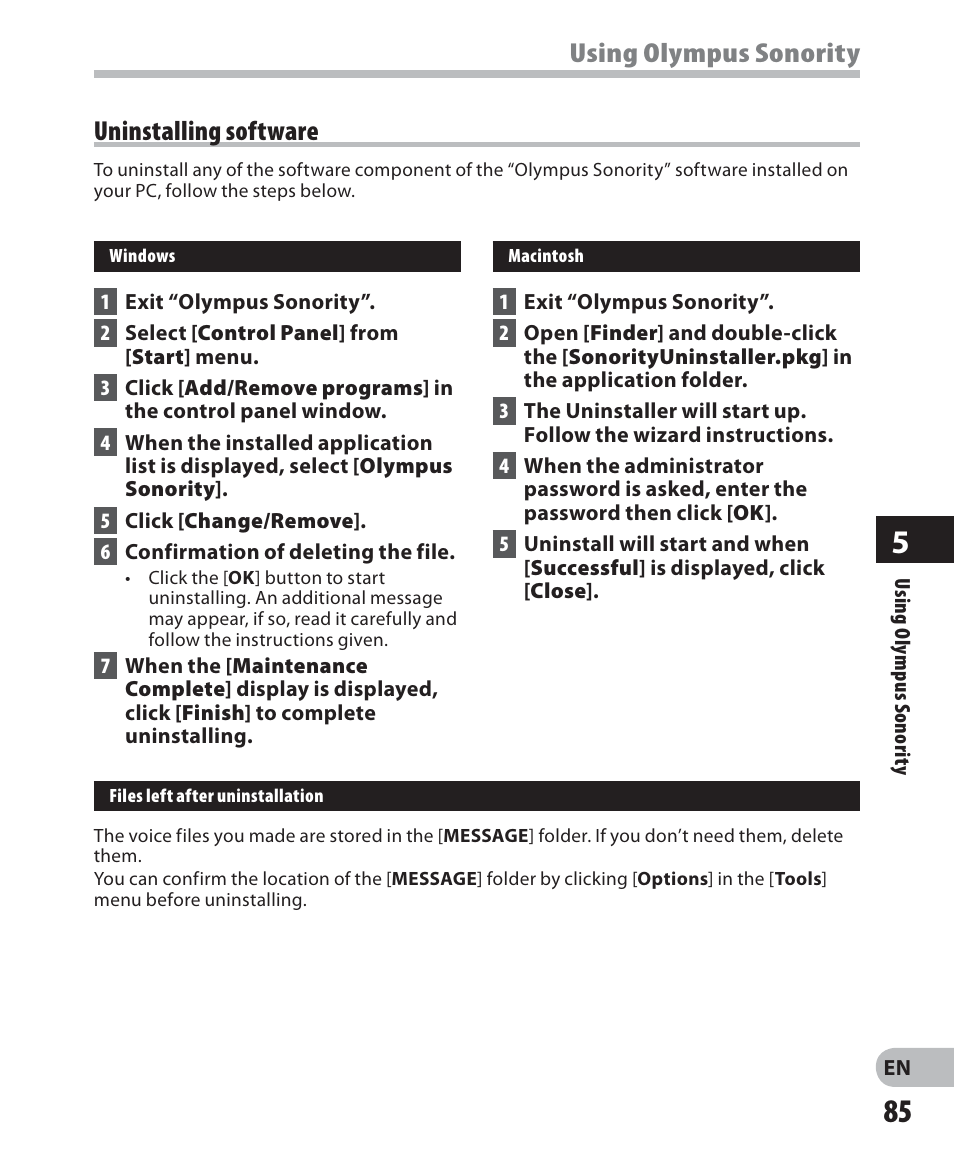 Using olympus sonority uninstalling software | Olympus DM 620 User Manual | Page 85 / 113