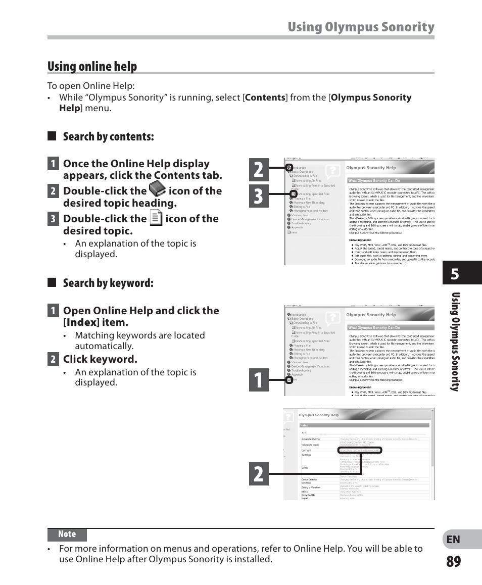 Using olympus sonority, Using online help | Olympus DM 620 User Manual | Page 89 / 113