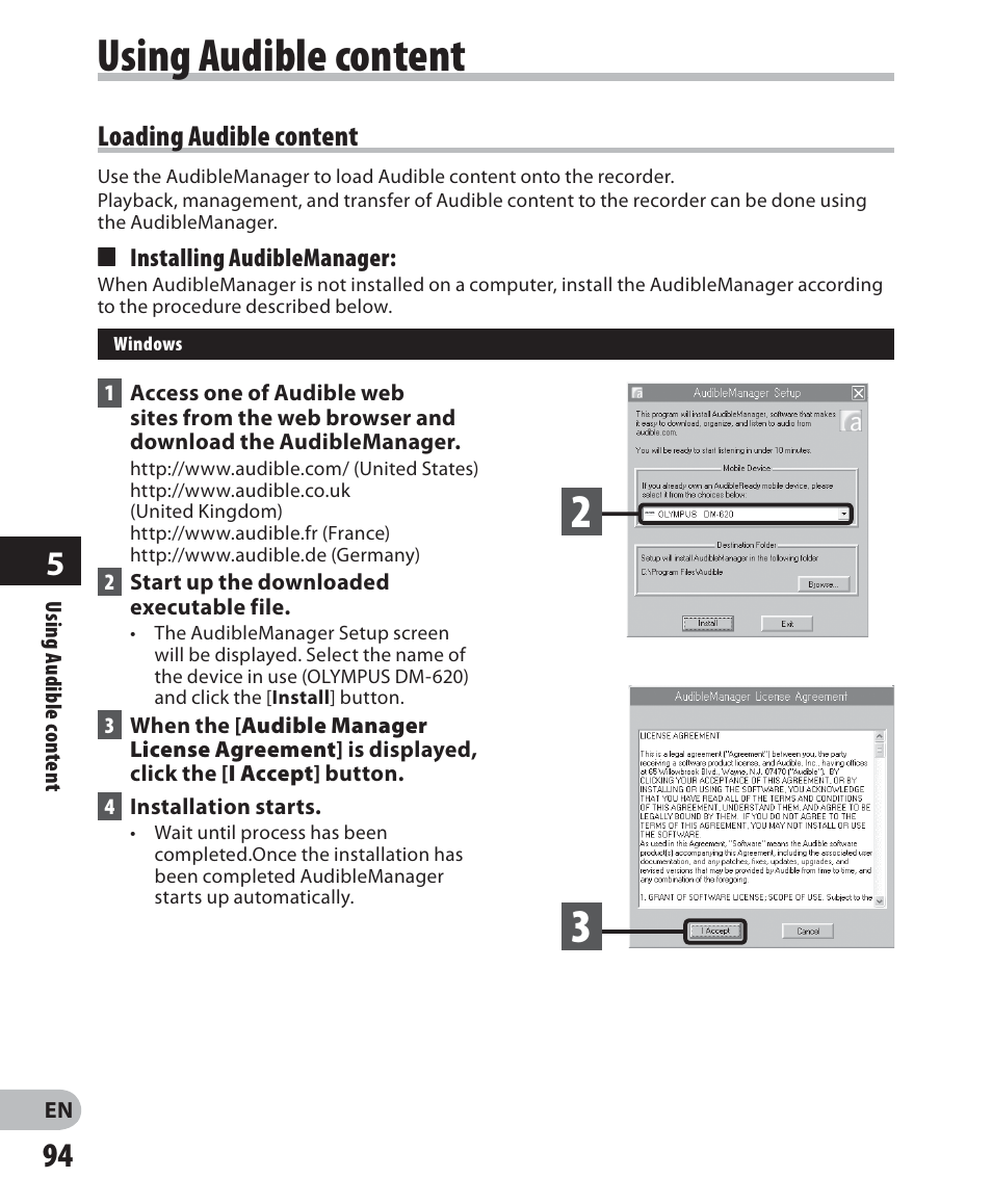 Using audible content | Olympus DM 620 User Manual | Page 94 / 113